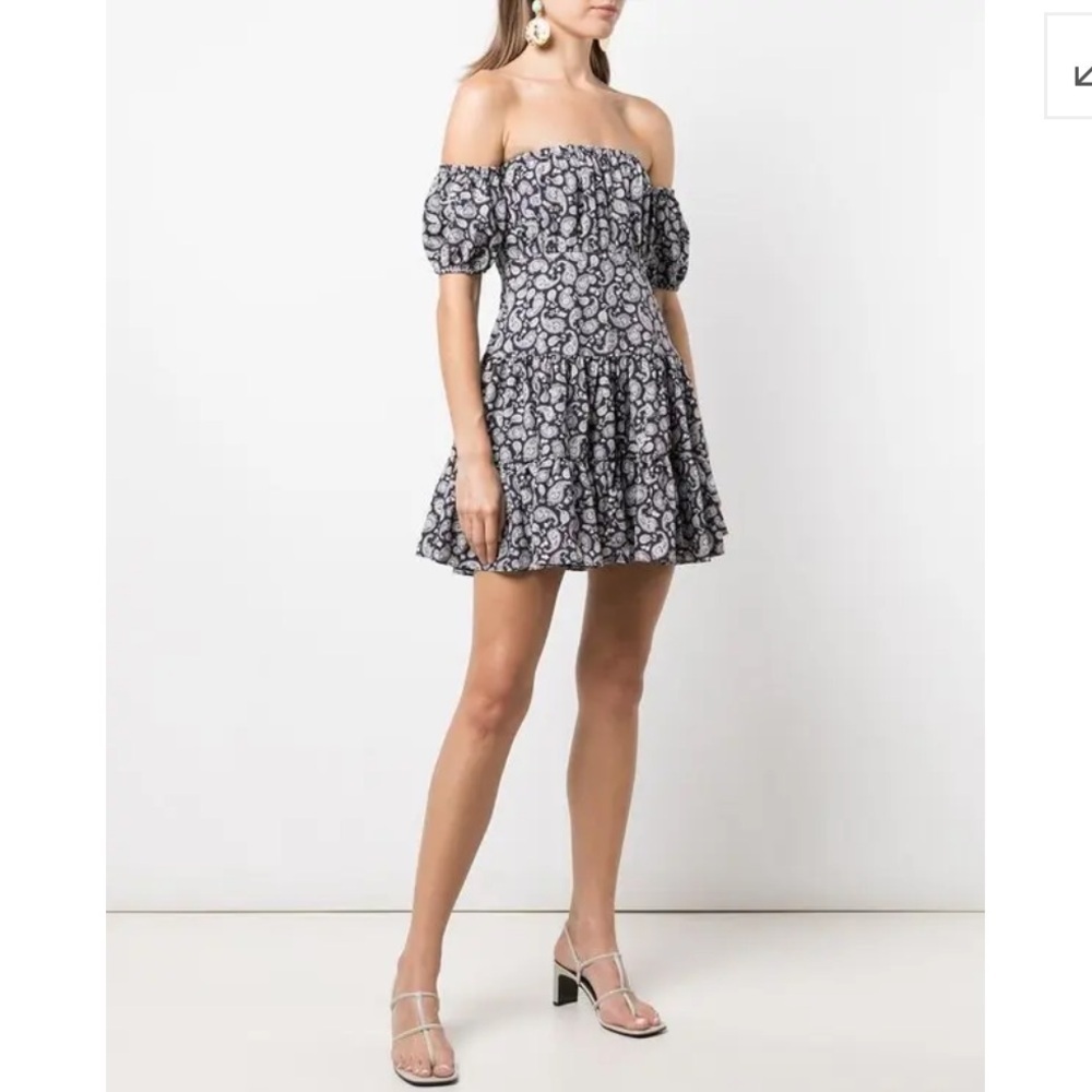 Likely Marty Navy and White Paisley Off the Shoulder Dress | 6